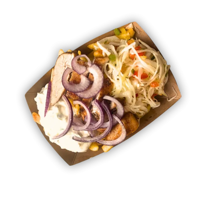 Schachtel Fritten mit H&auml;hnchen Beilage