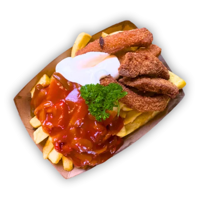 Schachtel Fritten mit Schnitzelstreifen